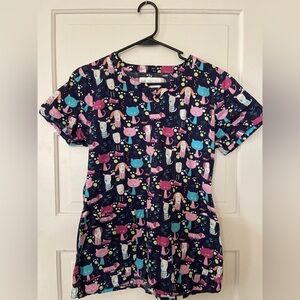 Colorful Cat And Dog Print Scrub Top